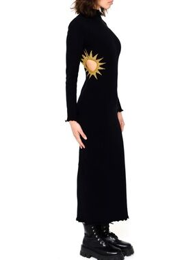 Black Long-Sleeve Maxi Dress with Gold Sun Cutout Detail